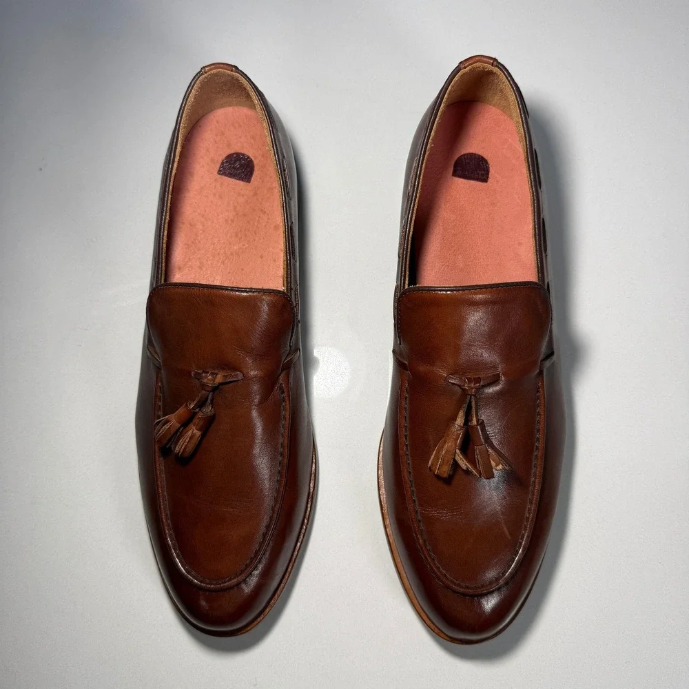 Elanroman Mens Brown Leather‎ Tassel Loafers Apron Toe Shoes Size 46(12.5-13)